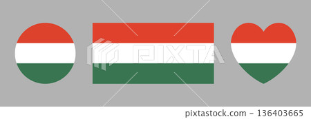 Hungary flag flat badges. Set of Hungarian flag circle, rectangle, heart icons. Round, rectangular, heart flags of Hungary buttons. Hungary flag flat badges. Set of Hungarian flag circle, rectangle, heart icons. Round, rectangular, heart flags of Hungary buttons. 136403665