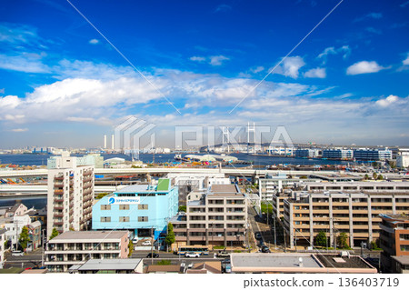 Yokohama Bay Bridge and harbor view from Port View Park in Yokohama, Kanagawa Prefecture 136403719