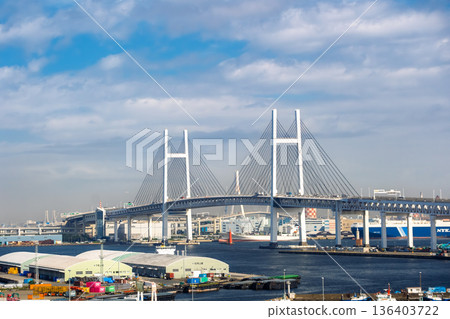 Yokohama Bay Bridge as seen from Minato Mirai Park, Yokohama, Kanagawa Prefecture Yokohama Bay Bridge as seen from Minato Mirai Park, Yokohama, Kanagawa Prefecture 136403722
