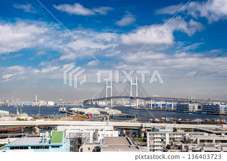 Yokohama Bay Bridge and harbor view from Port View Park in Yokohama, Kanagawa Prefecture Yokohama Bay Bridge and harbor view from Port View Park in Yokohama, Kanagawa Prefecture 136403723