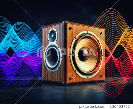 Sound waves and speaker producing music in a colorful display in a dark room setting 136403732