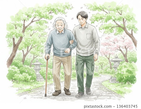 一幅水彩插畫，描繪了一位老人和他的照顧者在綠葉蔥蘢的公園裡散步的場景。 136403745