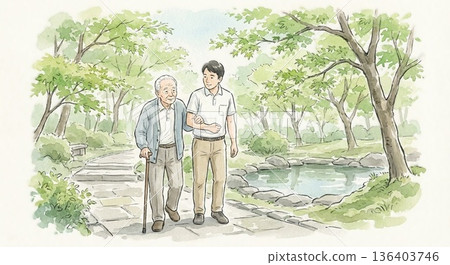 一幅水彩插畫,描繪了一位老人和他的照顧者在綠葉蔥蘢的公園裡散步的場景。 一幅水彩插畫,描繪了一位老人和他的照顧者在綠葉蔥蘢的公園裡散步的場景。 136403746