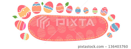 Cute Easter frame banner with pink egg pattern and spring elements isolated on white background, decorative horizontal border with eggs and basket for invitations. Easter horizontal banner Cute Easter frame banner with pink egg pattern and spring elements isolated on white background, decorative horizontal border with eggs and basket for invitations. Easter horizontal banner 136403760
