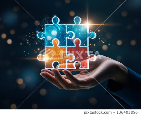 Building connections with puzzle pieces in a digital world at night with glowing effects Building connections with puzzle pieces in a digital world at night with glowing effects 136403856