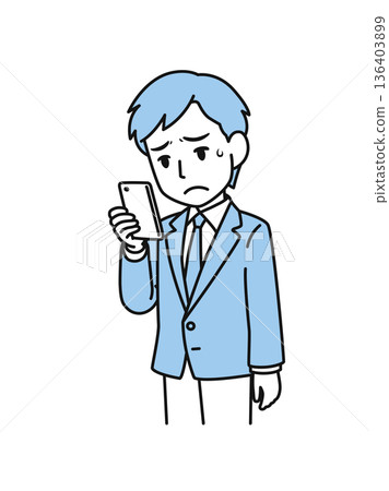 Illustration material of a man in a suit looking at disappointing content on his smartphone 136403899