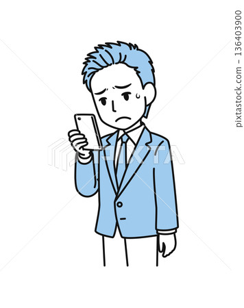 Illustration material of a man in a suit looking at disappointing content on his smartphone 136403900