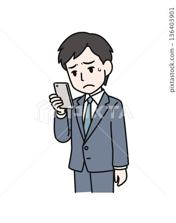 Illustration material of a man in a suit looking at disappointing content on his smartphone 136403901