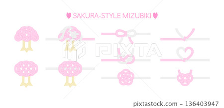 A set of Mizuhiki with a cherry blossom motif. Spring Mizuhiki with editable lines. Illustration material that can be used for New Year's cards, entrance ceremony gifts, etc. A set of Mizuhiki with a cherry blossom motif. Spring Mizuhiki with editable lines. Illustration material that can be used for New Year's cards, entrance ceremony gifts, etc. 136403947