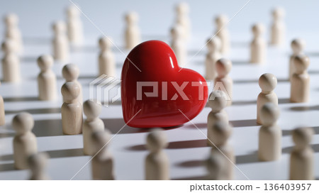 Red heart symbol stands tall among wooden figures representing community, unity, and love in a conceptual art scene Red heart symbol stands tall among wooden figures representing community, unity, and love in a conceptual art scene 136403957