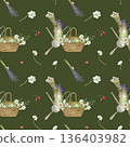 Seamless vintage pattern with rustic cottage decor. Cottagecore pattern with wild flowers 136403982