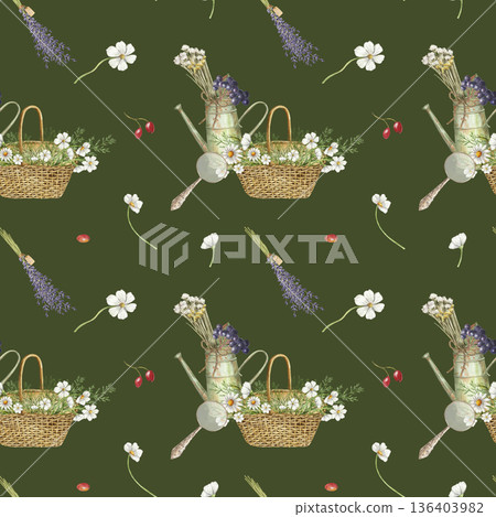 Seamless vintage pattern with rustic cottage decor. Cottagecore pattern with wild flowers 136403982