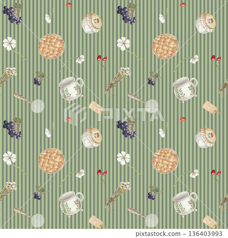 Seamless vintage pattern with rustic cottage decor. Cottagecore pattern with wild flowers 136403993