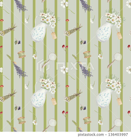 Seamless vintage pattern with rustic cottage decor. Cottagecore pattern with wild flowers 136403997
