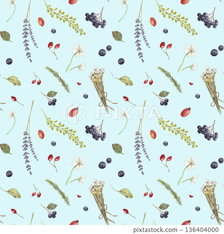 Seamless vintage pattern with rustic cottage decor. Cottagecore pattern with wild flowers 136404000