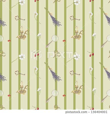 Seamless vintage pattern with rustic cottage decor. Cottagecore pattern with wild flowers 136404001