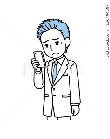 Illustration material of a male medical professional in a white coat looking at disappointing content on a smartphone Illustration material of a male medical professional in a white coat looking at disappointing content on a smartphone 136404087