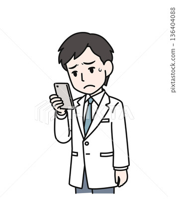插畫素材:一位身穿白大褂的男性醫護人員正在查看智慧型手機上令人失望的內容。 插畫素材:一位身穿白大褂的男性醫護人員正在查看智慧型手機上令人失望的內容。 136404088