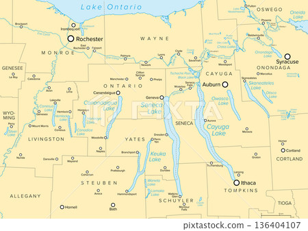 Finger Lakes region in the US state of New York, political map. Group of eleven long, narrow lakes. The major Finger Lakes are Seneca, Cayuga, Skaneateles, Owasco, Keuka, and Canandaigua. Vector 136404107