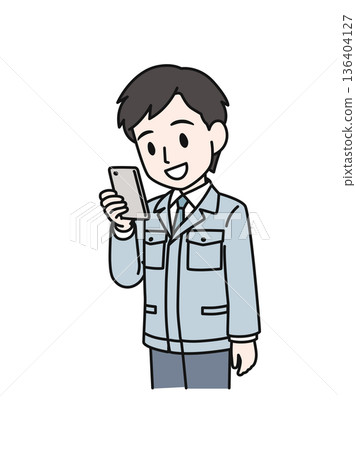 Illustration material of a man in a technical occupation wearing work clothes looking at a smartphone Illustration material of a man in a technical occupation wearing work clothes looking at a smartphone 136404127