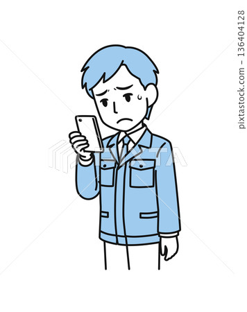 Illustration material of a man in a technical job wearing work clothes looking at disappointing content on his smartphone 136404128