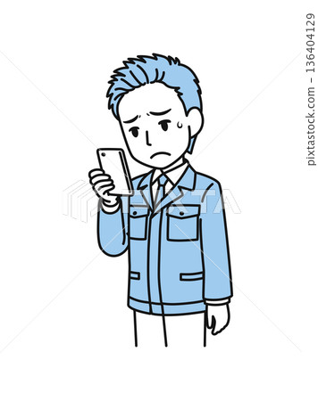 插畫素材：一位身穿工作服的技術工人正在看著智慧型手機上令人失望的內容。 136404129