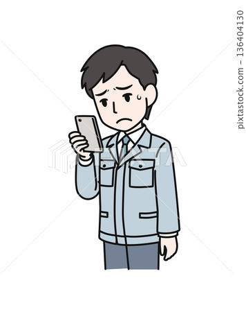 Illustration material of a man in a technical job wearing work clothes looking at disappointing content on his smartphone 136404130