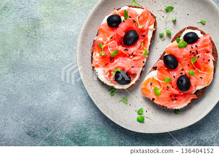 sandwiches with red fish, cream cheese, olives and microgreens, breakfast, sandwiches with red fish, cream cheese, olives and microgreens, breakfast, 136404152