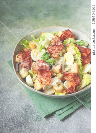 caesar salad with fried bacon, quail eggs, homemade, no people, caesar salad with fried bacon, quail eggs, homemade, no people, 136404162