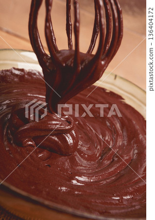 a bowl of chocolate dough, a whisk for whipping, baking, structure and consistency, homemade, top view, no people, a bowl of chocolate dough, a whisk for whipping, baking, structure and consistency, homemade, top view, no people, 136404172