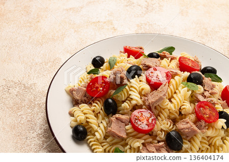 Tuna salad, fusilli pasta, olives and cherry, olive oil, homemade, 136404174