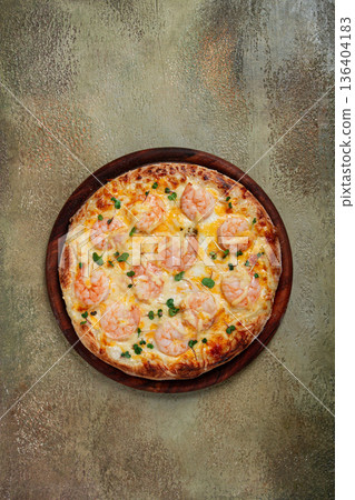 four cheese pizza with shrimp and fresh microgreens, served on a wooden board, homemade, no people, 136404183