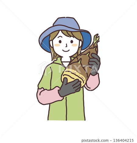 A simple illustration of a young female producer smiling and holding bamboo shoots A simple illustration of a young female producer smiling and holding bamboo shoots 136404215