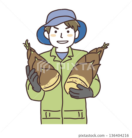 一幅簡單的插圖，描繪了一位微笑的年輕男性生產者雙臂抱著竹筍。 136404216