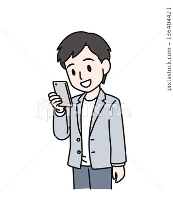 一位休閒男士正在看智慧型手機的插畫素材 一位休閒男士正在看智慧型手機的插畫素材 136404421