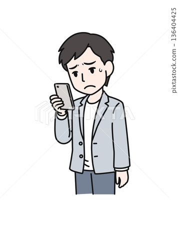Illustration material of a casual-style man looking at disappointing content on his smartphone Illustration material of a casual-style man looking at disappointing content on his smartphone 136404425