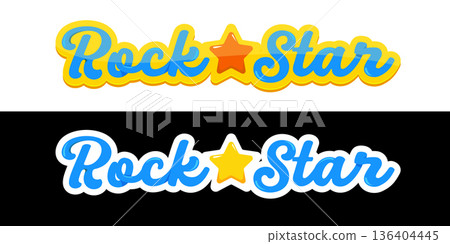 Rock Star blue handwritten script logo with yellow star icon, set of colorful 3D glossy text labels for kids achievement and music stickers vector , t shirt prints. Rock music lovers logo Rock Star blue handwritten script logo with yellow star icon, set of colorful 3D glossy text labels for kids achievement and music stickers vector , t shirt prints. Rock music lovers logo 136404445