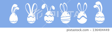 Minimalist Easter eggs set with bunny ears white silhouettes isolated on blue background, modern horizontal banner with cute rabbit icons. white Easter egg collection silhouettes with bunny ears Minimalist Easter eggs set with bunny ears white silhouettes isolated on blue background, modern horizontal banner with cute rabbit icons. white Easter egg collection silhouettes with bunny ears 136404449