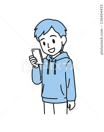 Illustration material of a man in casual clothes looking at a smartphone Illustration material of a man in casual clothes looking at a smartphone 136404455