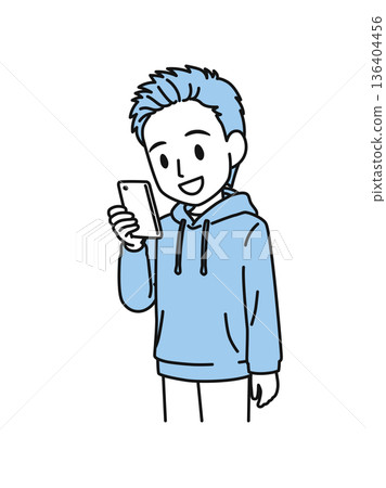 Illustration material of a man in casual clothes looking at a smartphone 136404456
