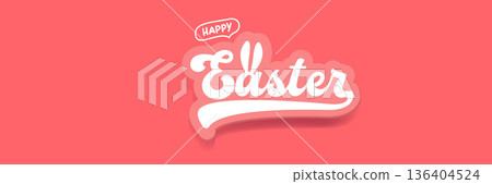White Happy Easter script lettering with rabbit ears integrated into the font on a solid pink backdrop. Simple and stylish horizontal holiday banner for spring celebrations and social media headers. 136404524