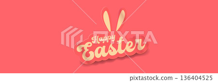 White Happy Easter script lettering with rabbit ears integrated into the font on a solid pink backdrop. Simple and stylish horizontal holiday banner for spring celebrations and social media headers. White Happy Easter script lettering with rabbit ears integrated into the font on a solid pink backdrop. Simple and stylish horizontal holiday banner for spring celebrations and social media headers. 136404525