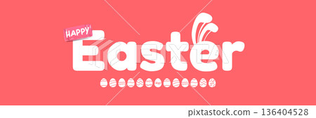White Happy Easter script lettering with rabbit ears integrated into the font on a solid pink backdrop. Simple and stylish horizontal holiday banner for spring celebrations and social media headers. 136404528