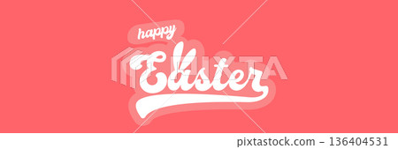 White Happy Easter script lettering with rabbit ears integrated into the font on a solid pink backdrop. Simple and stylish horizontal holiday banner for spring celebrations and social media headers. White Happy Easter script lettering with rabbit ears integrated into the font on a solid pink backdrop. Simple and stylish horizontal holiday banner for spring celebrations and social media headers. 136404531