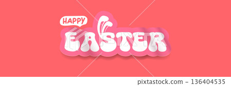 White Happy Easter script lettering with rabbit ears integrated into the font on a solid pink backdrop. Simple and stylish horizontal holiday banner for spring celebrations and social media headers. 136404535