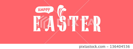 White Happy Easter script lettering with rabbit ears integrated into the font on a solid pink backdrop. Simple and stylish horizontal holiday banner for spring celebrations and social media headers. White Happy Easter script lettering with rabbit ears integrated into the font on a solid pink backdrop. Simple and stylish horizontal holiday banner for spring celebrations and social media headers. 136404536