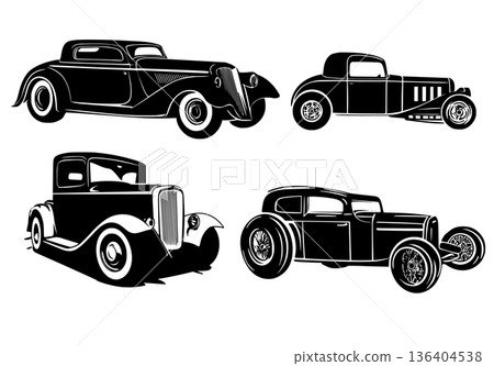 Set of classic hot rod coupe cars with exaggerated wheels, bold outlines, exposed engines and streamlined vintage profiles 136404538