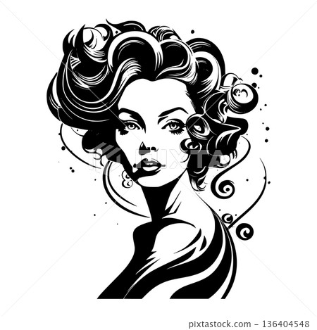 Ink drawing portrait of young woman with voluminous wavy hair glancing sideways mysteriously on white background 136404548