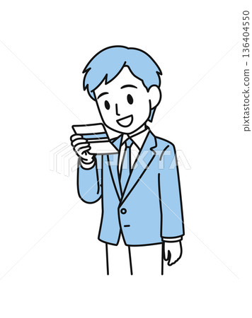 一位商人正在查看銀行帳簿的插圖素材 136404550