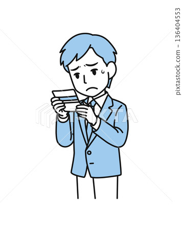 插畫資料：一位商人看著銀行存摺餘額，感到沮喪 136404553
